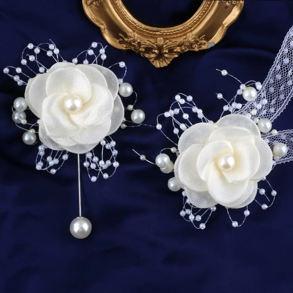 

Elegant Pearl Tulle Camellia Wrist Corsage Bride Bridesmaid Groom Brooch Boutonniere Wedding Accessories Women's Wedding Props