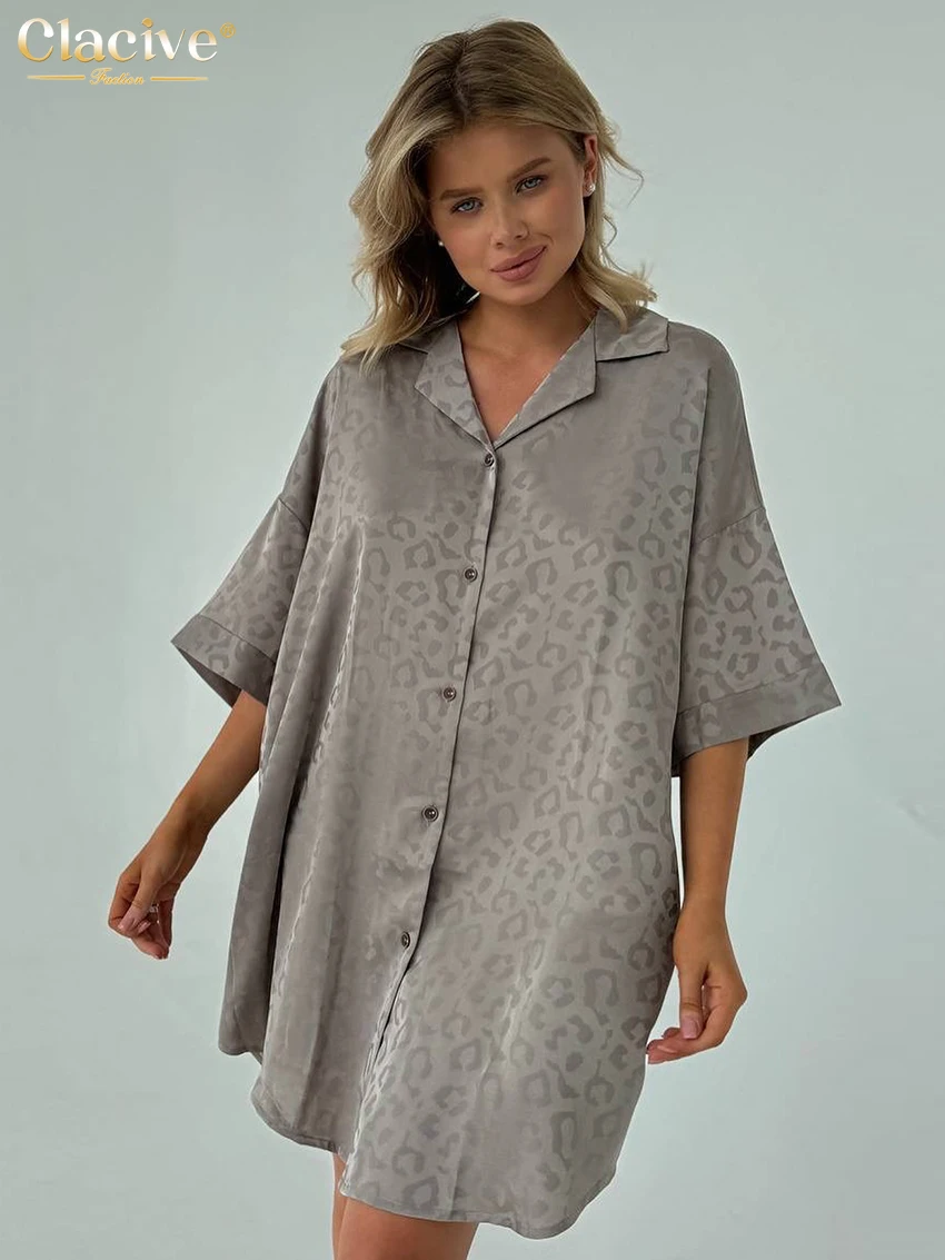 

Clacive Summer Loose Print Home Women's Dress 2025 Casual Lapel Half Sleeve Mini Dresses Elegant Classic Dress Female Clothing