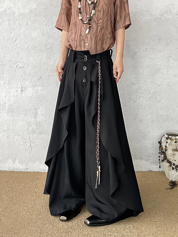 

BKYC Japanese Retro Design Tassel Trim Wide Leg Drapey Unisex Nine-Piece West Pants Youth Casual Fashion Polyester