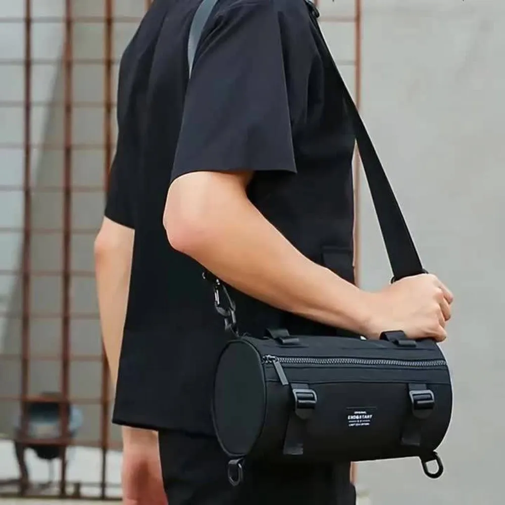 

Solid Color Men Cylindrical Bag Large Capacity Wide Strap Canvas Crossbody Bag Zipper Lightweight Simple Shoulder Bag Work