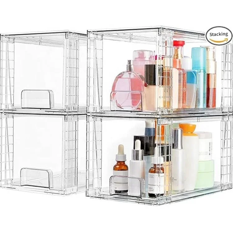 PET2 Pack Large Stackable Storage Drawers,Clear Acrylic Drawer Organizers, Easily Assemble ForBathroom,Cabinet,MakeupStoragebox