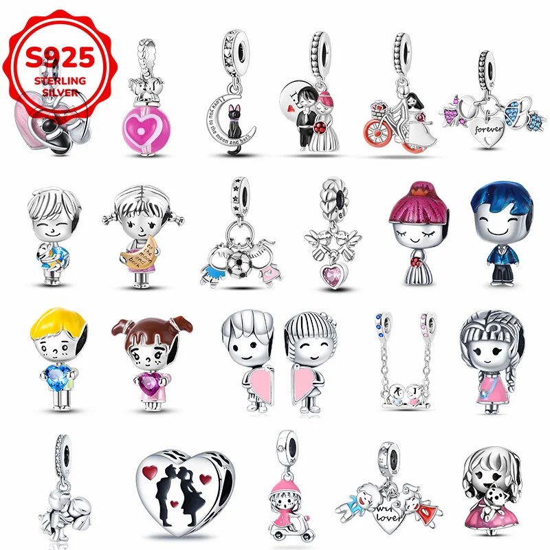 

Серебряные подвески-шармы 925 пробы из серии Character Series ко Дню святого Валентина для пар, подходят для девочек, для создания ожерелий своими руками, модные ювелирные украшения, подарки