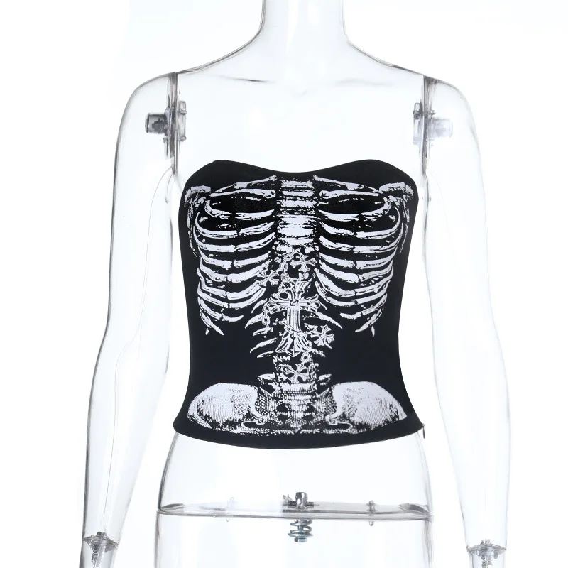 Estate Americano Gotico Scuro Sexy Backless Maglia da Donna Stampa Teschio Punk Y2K 2000s Canotta Corta Estetica Sottile Top Streetwear