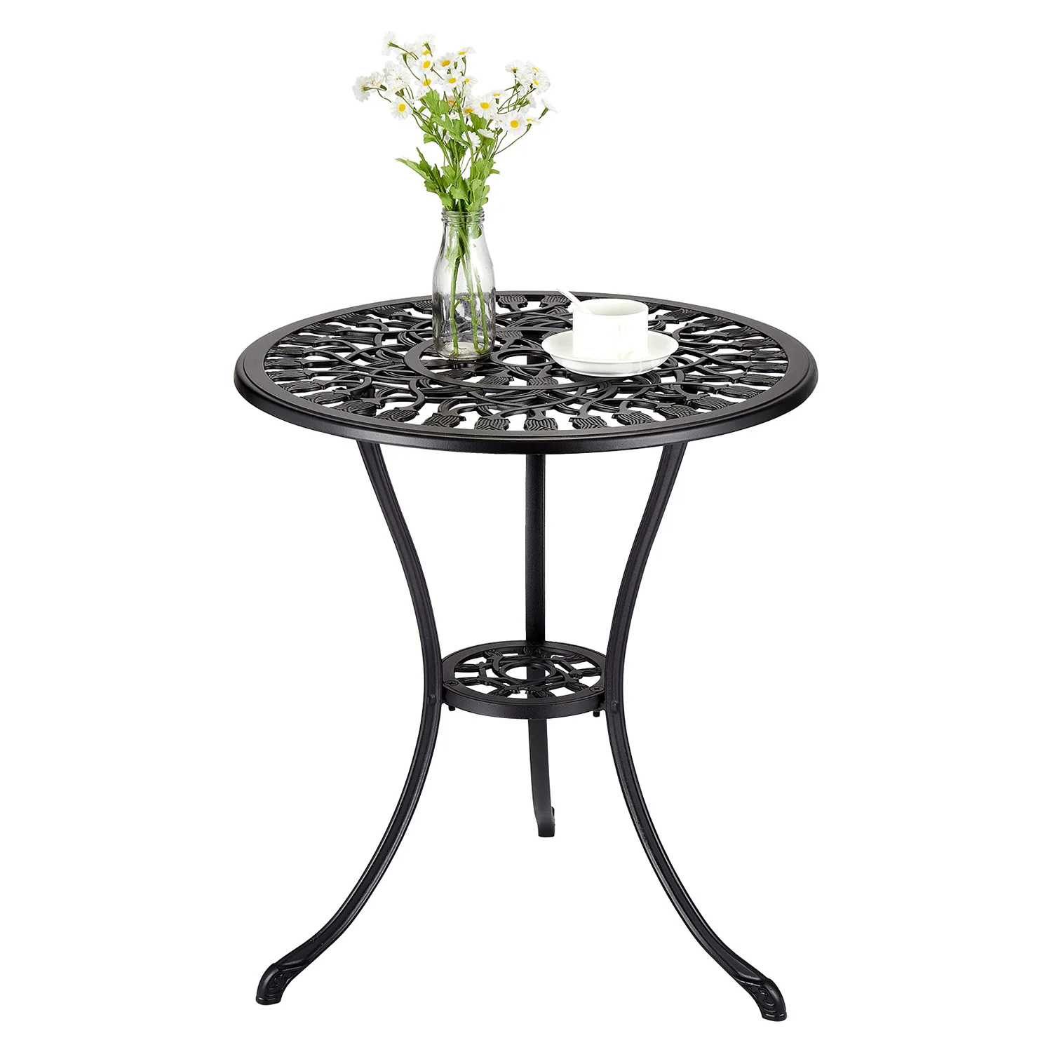 Mesa de terraza HiMiss de aluminio fundido resistente a la intemperie, mesa de bistró redonda para exteriores de 23,6 pulgadas con orificio para sombrilla, muebles de jardín