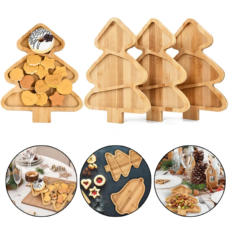 Christmas Tree Shaped Bamboo Serving Tray Kitchen Accessory Dinner Plate Salad Sashimi Wooden Candy Snack Plate New Year Navidad