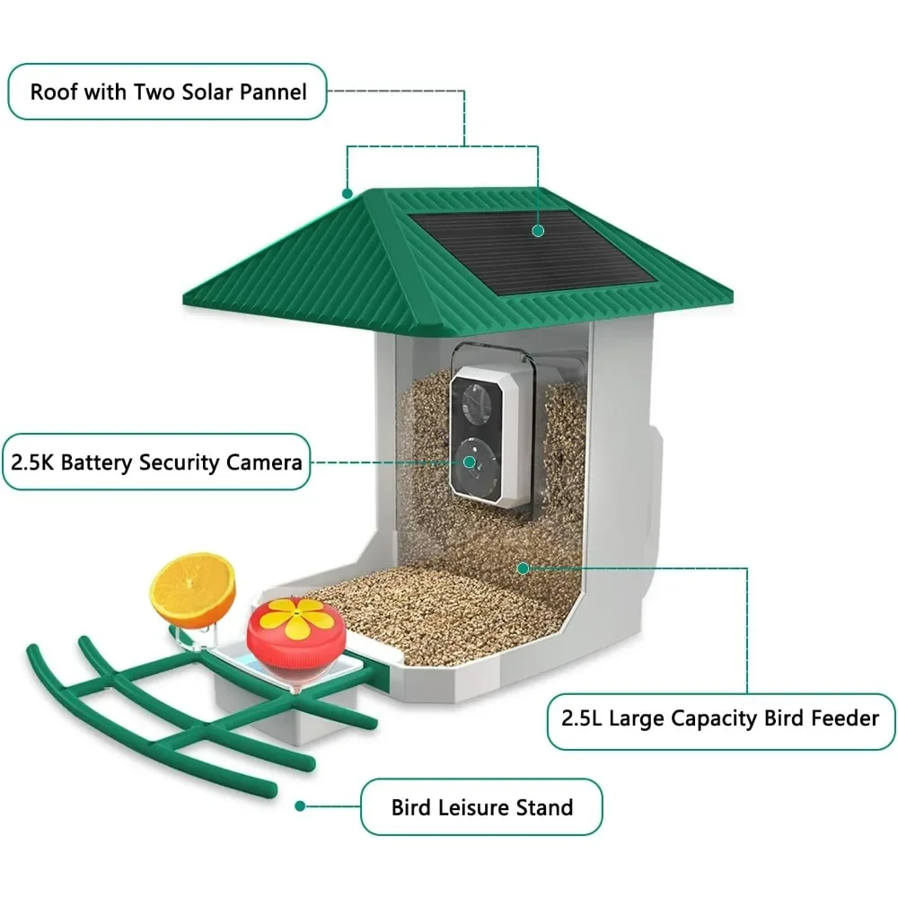 2.5K Smart Bird Feeder with Camera, AI Identify Bird Species, Outdoor Birds Feeder House with Solar Panel for Bird Buddy