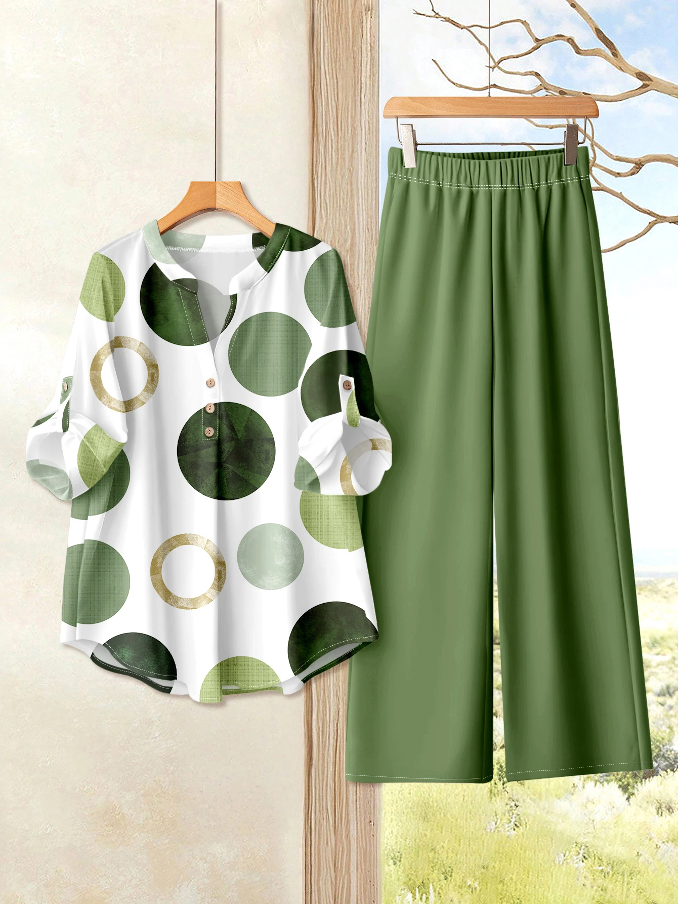 

Autumn New Print Casual Woman 2 Piece Set Outfit Fashion V Neck Button Elegant Loose Office Party 2 Pieces Set For Woman