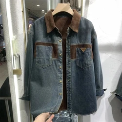 2024 Winter New Slim Plus Velvet Denim Shirt Jacket Women  Loose Warm Mid Long Single-Breasted Stitching Cowboy Shirt Coat Femal