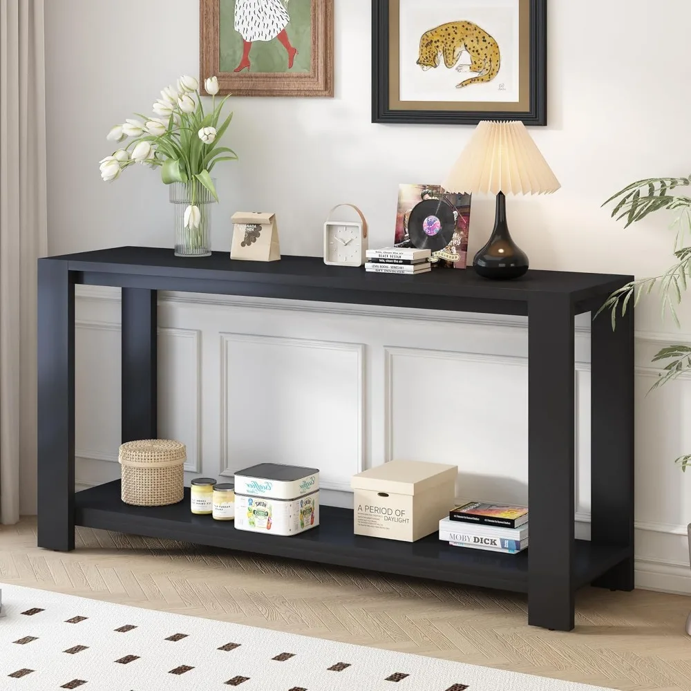 

Modern Minimalist 60" Long Entryway Console Table with Lower Open Shelf, Wooden Entrance Hallway Foyer Behind Couch Sofa Table