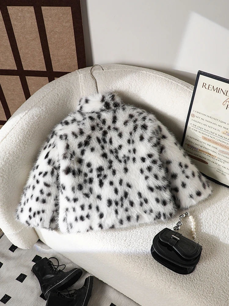 Leopard Print Rabbit Fur Handmade Fluffy Off-White Children's Stand-Collar Jacket Faux Fur Coat Eco-Friendly Faux Fur Outerwear Faux Fur Coat Fox Fur Thickened Coat Fashionable Versatile Autumn and Winter New Style with Two Side Invisible Pockets and Three Invisible Snap Buttons Soft
