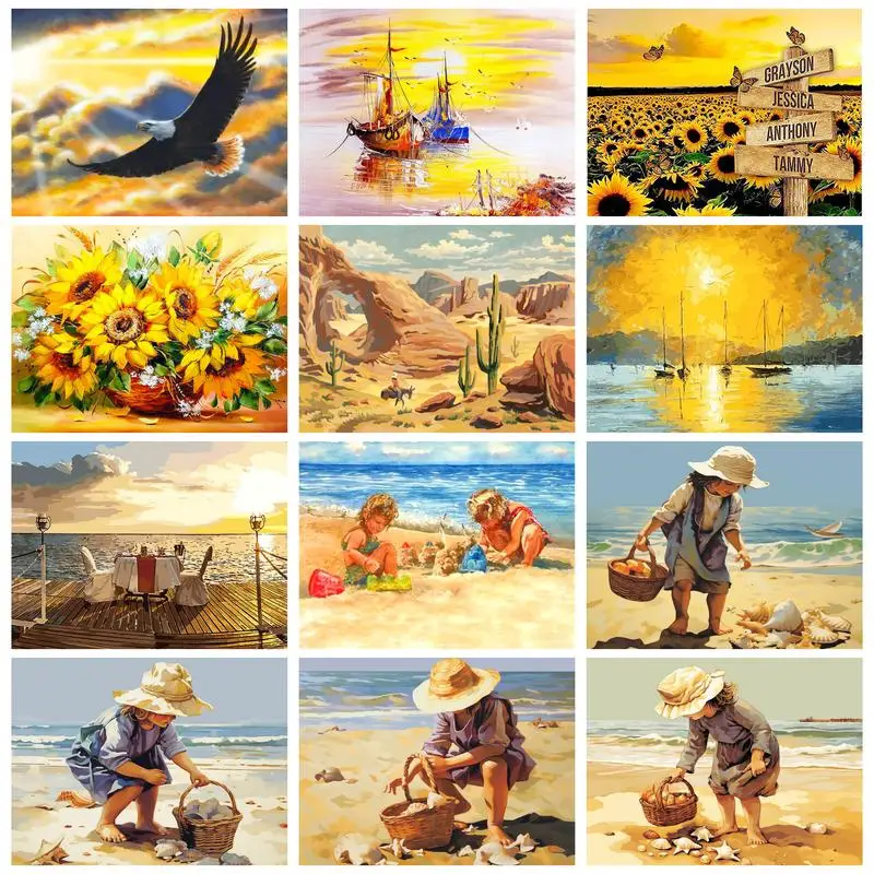 RUOPOTY Rahmen Sand Strand Muschel Diy Malen nach Zahlen für Erwachsene Kits Acrylfarbe auf Leinwand handgemalt für Heimdekorationen