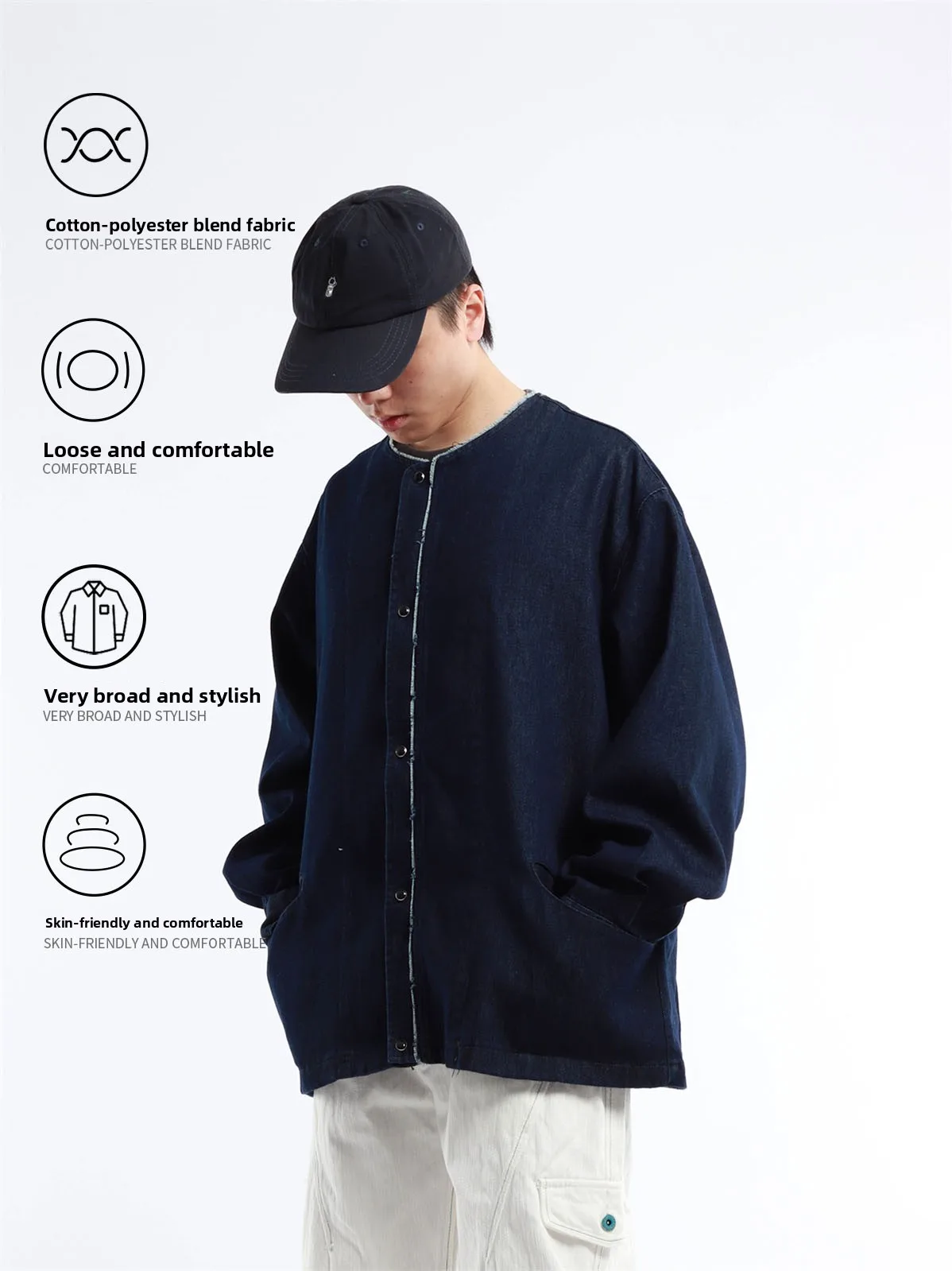 Japanese Style Loose Fit round Neck Denim Jacket Men Women Casual Spring Fashion Frayed Hem Cotton Polyester Blend Jacket