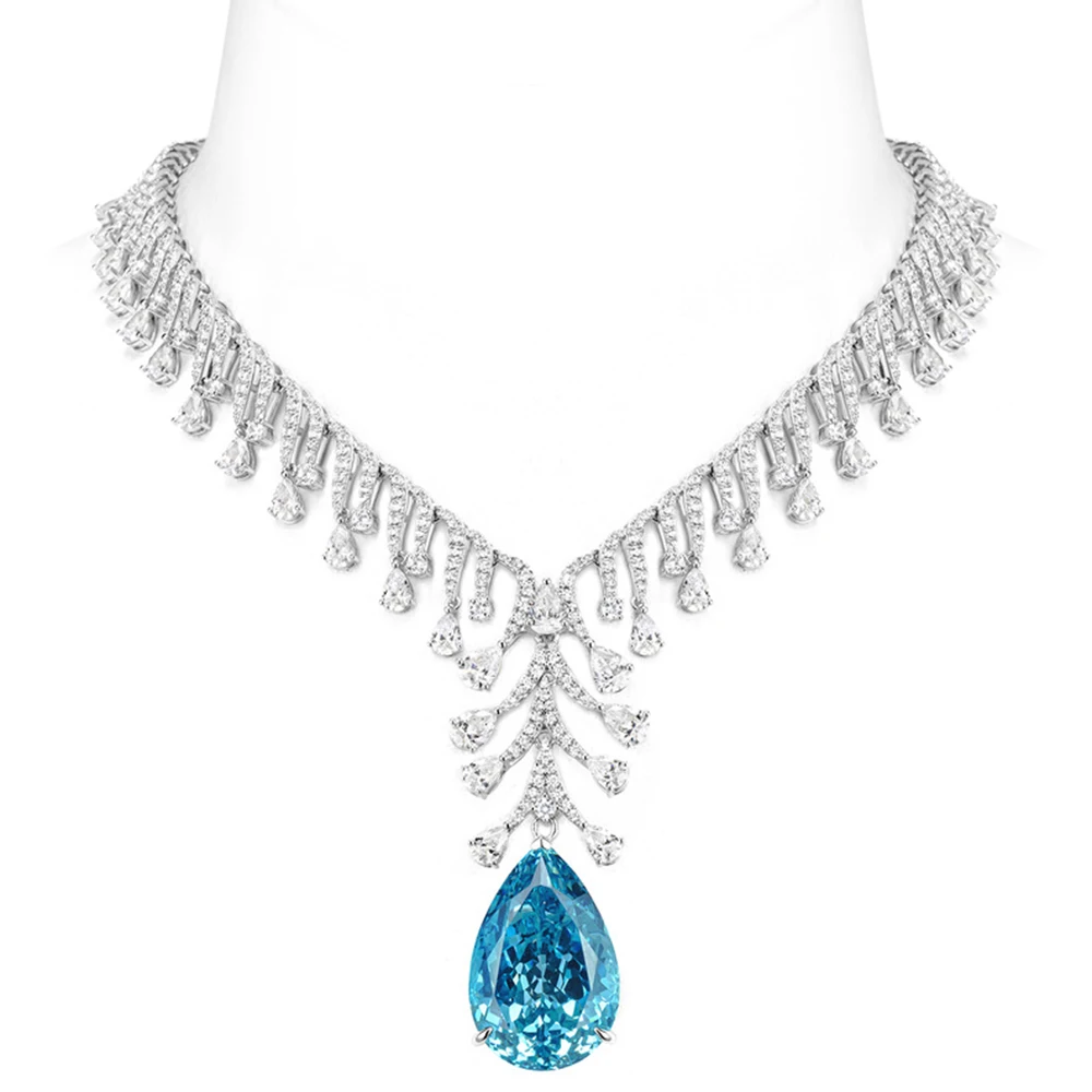 WUIHA Luxury Pear Cut Paraiba High Carbon Diamonds Gemstone Necklaces Anniversary Cocktail 100% 925 Sterling Silver Fine Jewelry