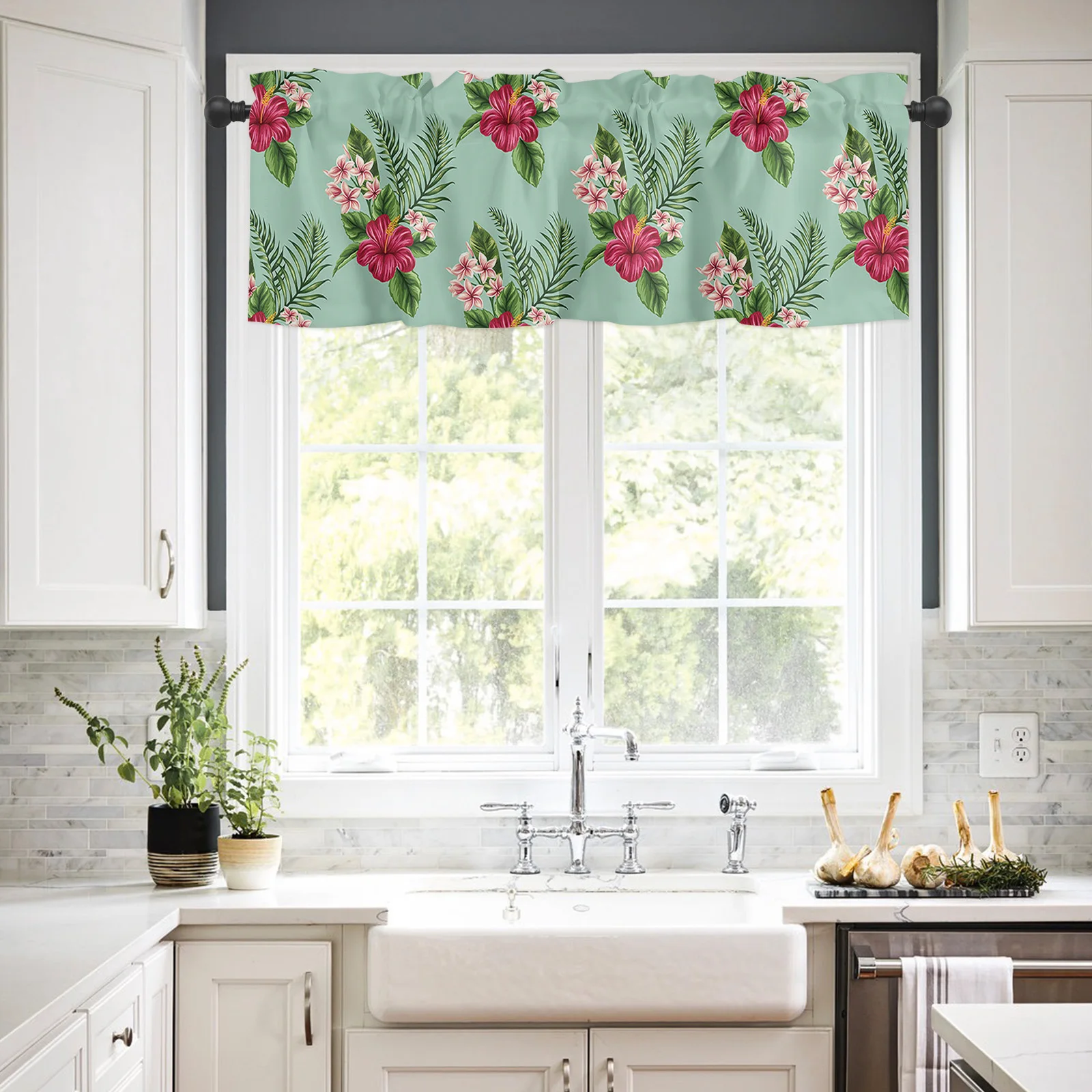 Summer Green Leaves Hibiscus Flowers Valance Tier Curtain Blackout Rod Pocket Curtain Valance for Kitchen/Bedroom/Bathroom