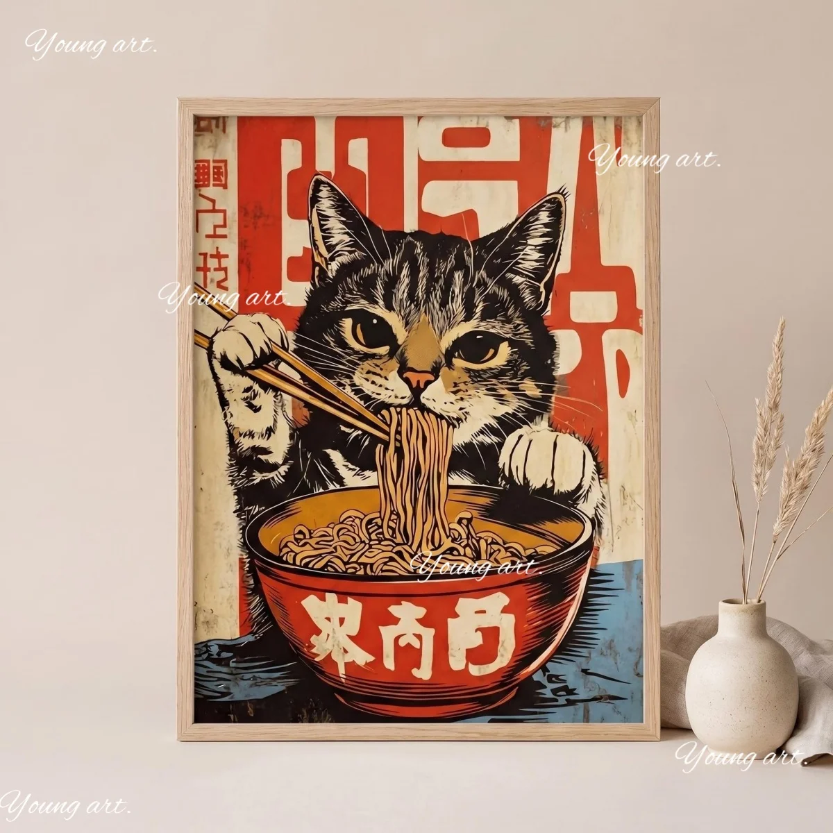 Whimsical Cute Black Cat Eat Noodles Canvas Prints Poster Japanese Vinatge Funny Animal Art Prints Bedroom Wall Art Home Decor
