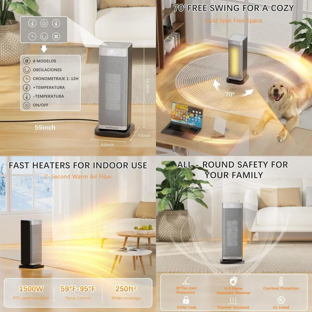 

Керамический обогреватель PTC мощностью 1500 Вт с 70 шт. ° Осцилляция, пульт дистанционного управления, термостат, 12-часовой таймер для больших помещений