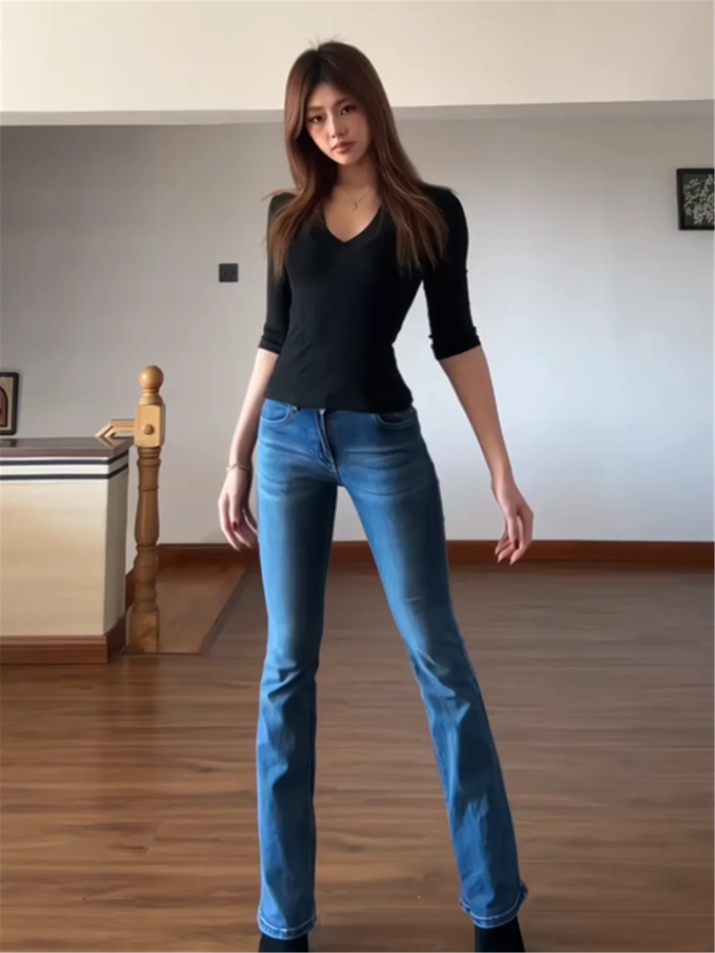 

Джинсы-клеш с высокой талией и удлиненной штаниной, синие, в стиле ретро, для женщин, весна-лето, утягивающие