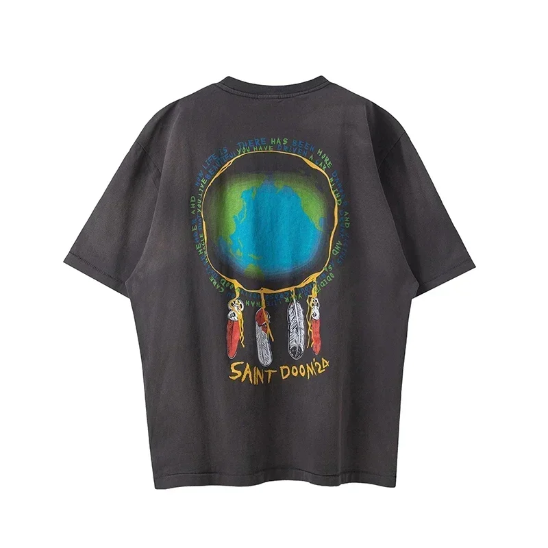 Saint Michael Harajuku T-Shirts For Men Women 1:1 Best Quality Grey Washed Oversized Graphic T Shirts
