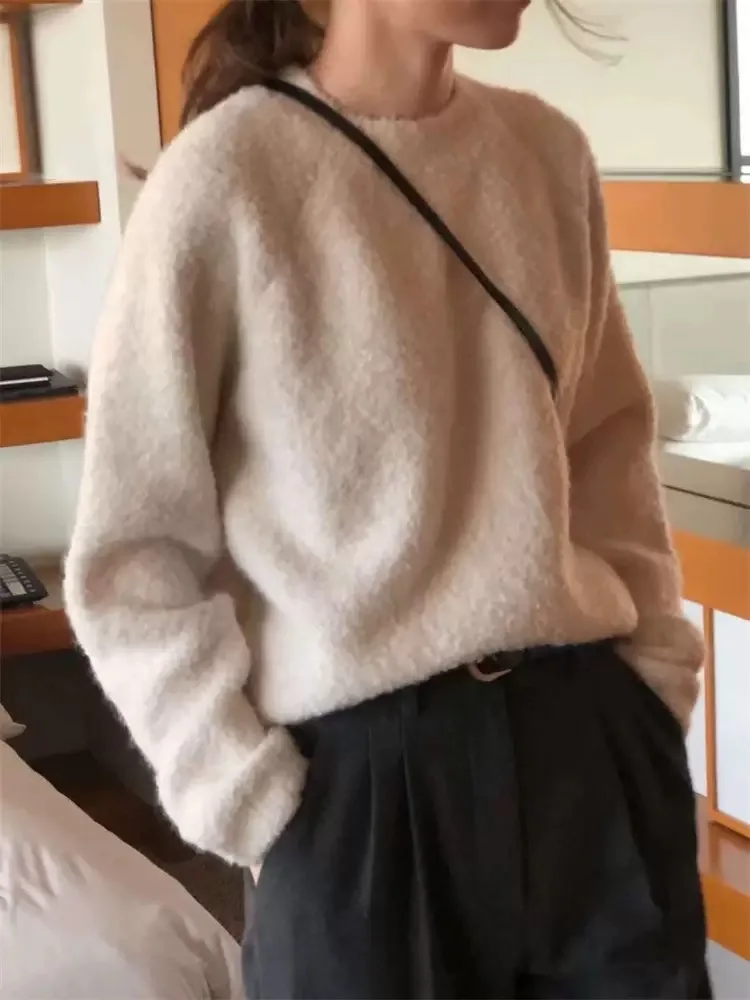 

Comfortable Elastic Long Sve Knitted Sweater Pure Color Lazy Sle Loose Fit Autumn Winter Women's Faion Casual round Ne