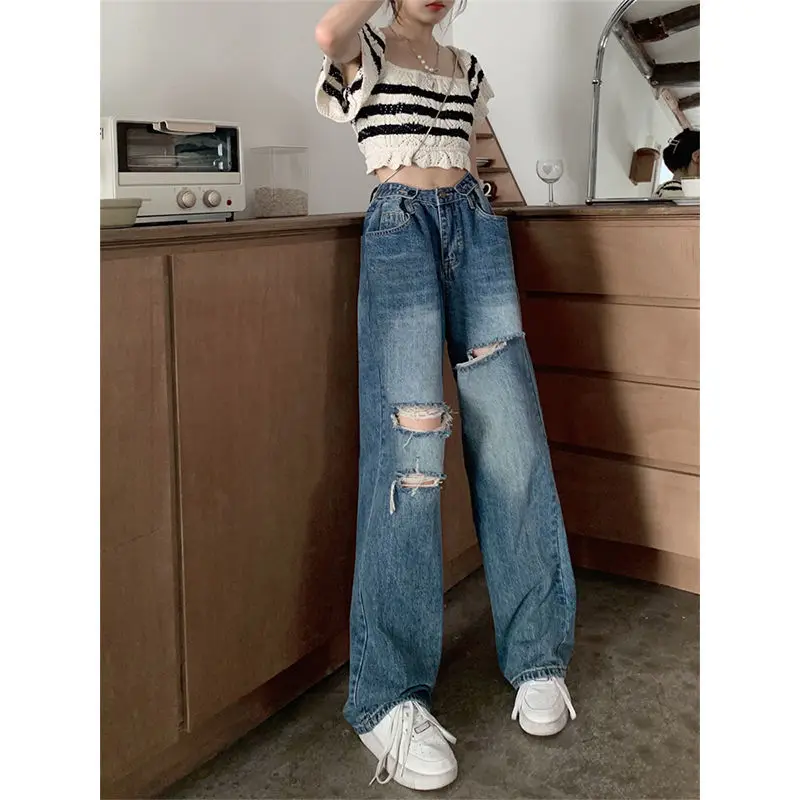 Korean Vintage High Waist Hole Straight Jeans Womens Loose Denim Pants 2023 Casual Female Wide Leg Pants Streetwear Mom Jeans