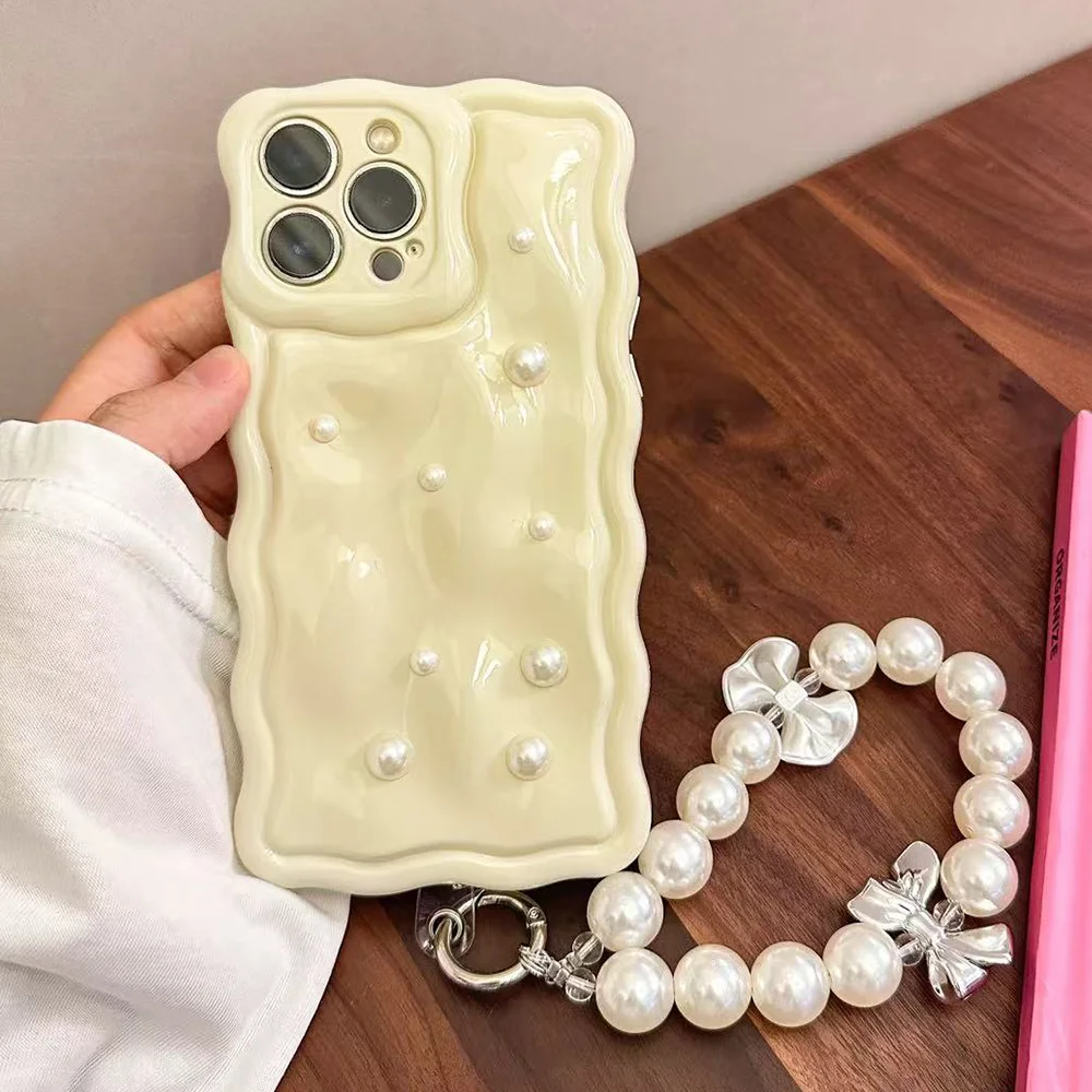 

New Korean INS Fashion White Soft Phone Case For iPhone 16 15 14 13 12 Pro Max Anti-fall Protective Cover With Pearl Lanyard