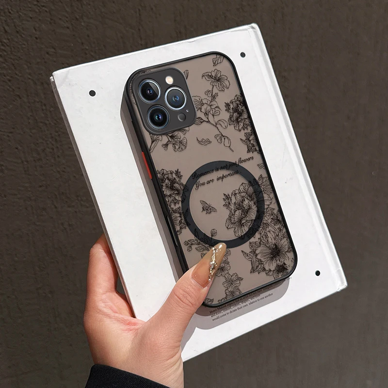 Funda de teléfono Magsafe con flores para iPhone 17 Air 17Promax 16 15 14 Pro Max Plus 13 12 Mini 11, funda magnética transparente a prueba de golpes