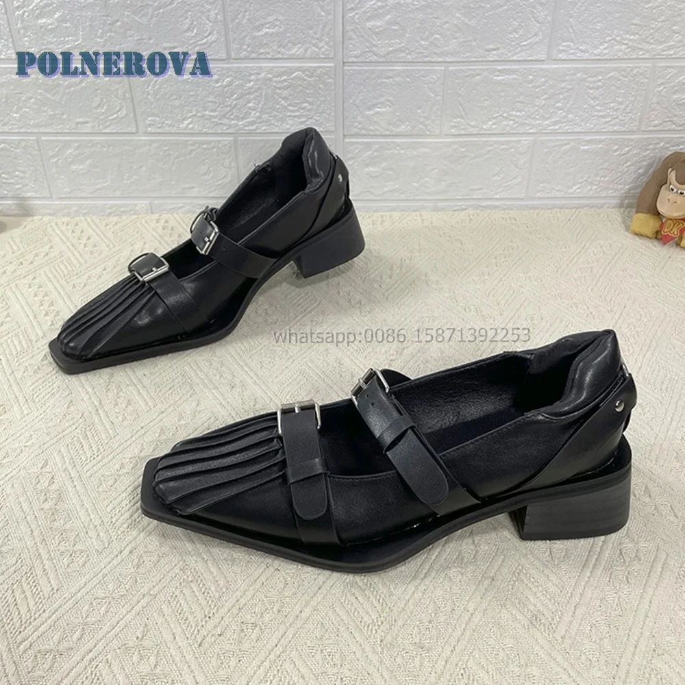 Belt Buckle Shallow Pleated Pumps Square Toe Chunky Heels Black Retro Mary Janes Solid Casual Rivet Hollow Out Shoes 2024 Trend