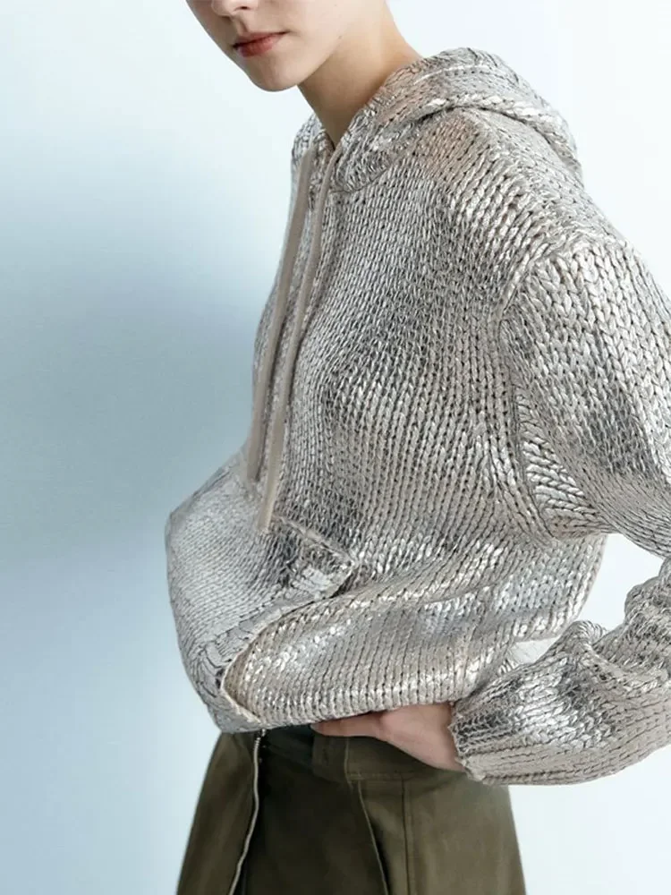 TEELYNN Silver Casual Long Sleeve Hooded Sweater for Women Vintage Metal Coated Knitted Loose Sweatshirt Boho Pullover Jumper