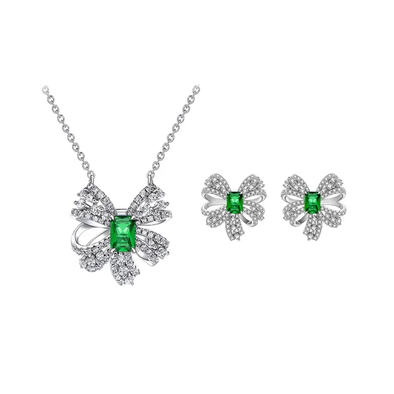 Hot selling 925 sterling silver emerald bow necklace earrings light luxury inlaid crystal diamond for woman jewelry