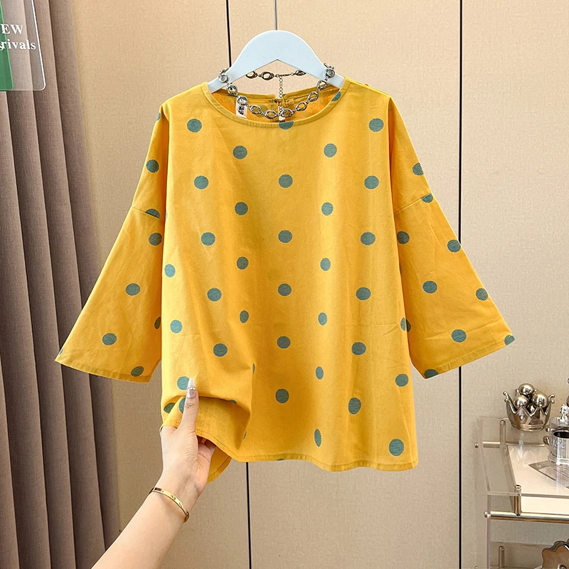 

Уникальный цвет Blo Polka Dot irt ort Sve Cotton Polyester Blend Commute Sle круглый летний топ неправильной длины