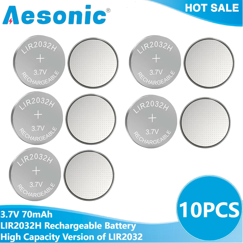 10PCS 70mAh LIR2032H 3.7V Button Battery High Capacity Rechargeable Lithium LIR2032 Cell Coin Batteries Can Replace CR2032