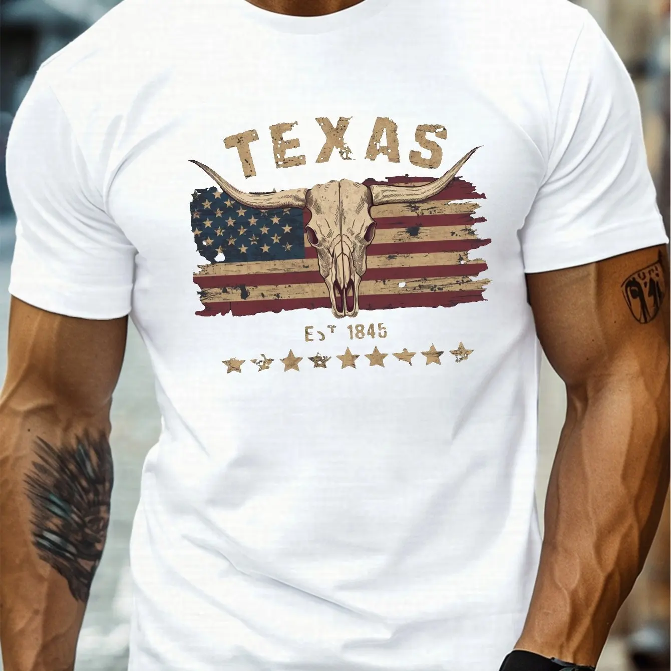 

Men's Basic Summer Fashion Casual Loose Texas Longhorned Cow Skull Print Round Neck Short Sleeved Cotton T-shirt