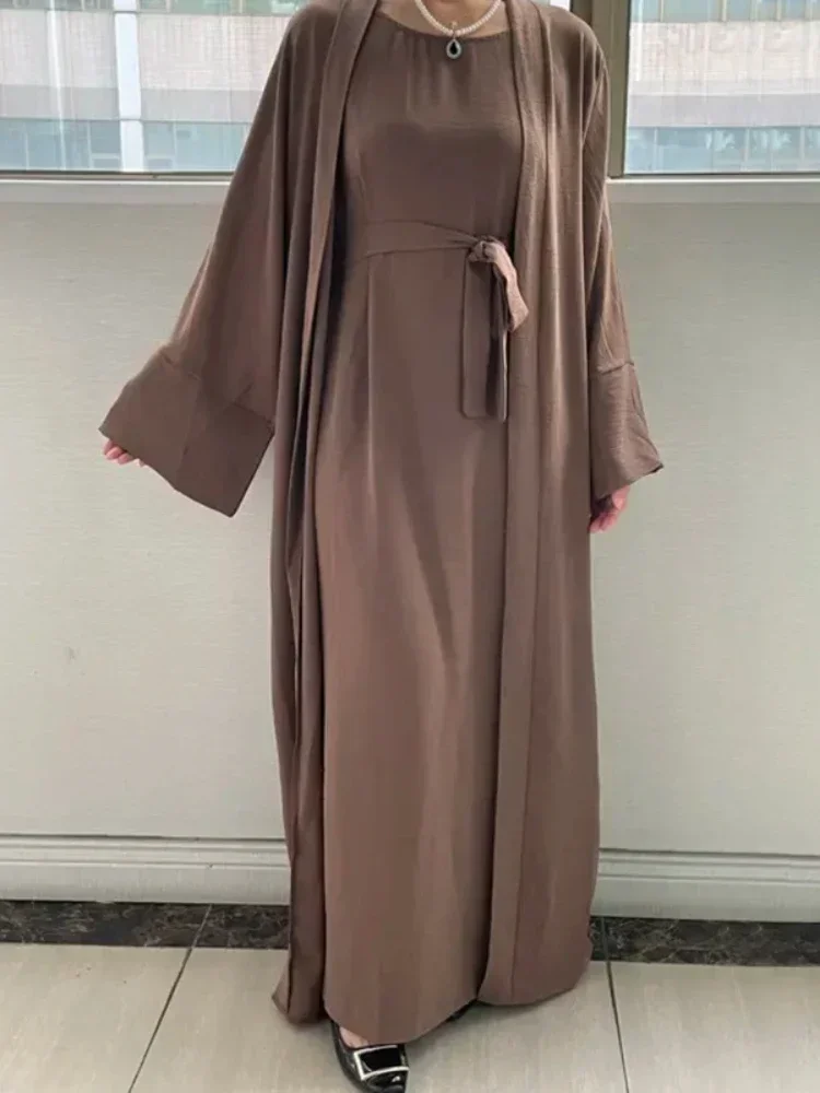 

2 Piece Matching Muslim Sets Hijab Dress Plain Eid Abayas for Women Dubai Open Abaya Turkey Inner Dresses Ramadan Islam Clothing