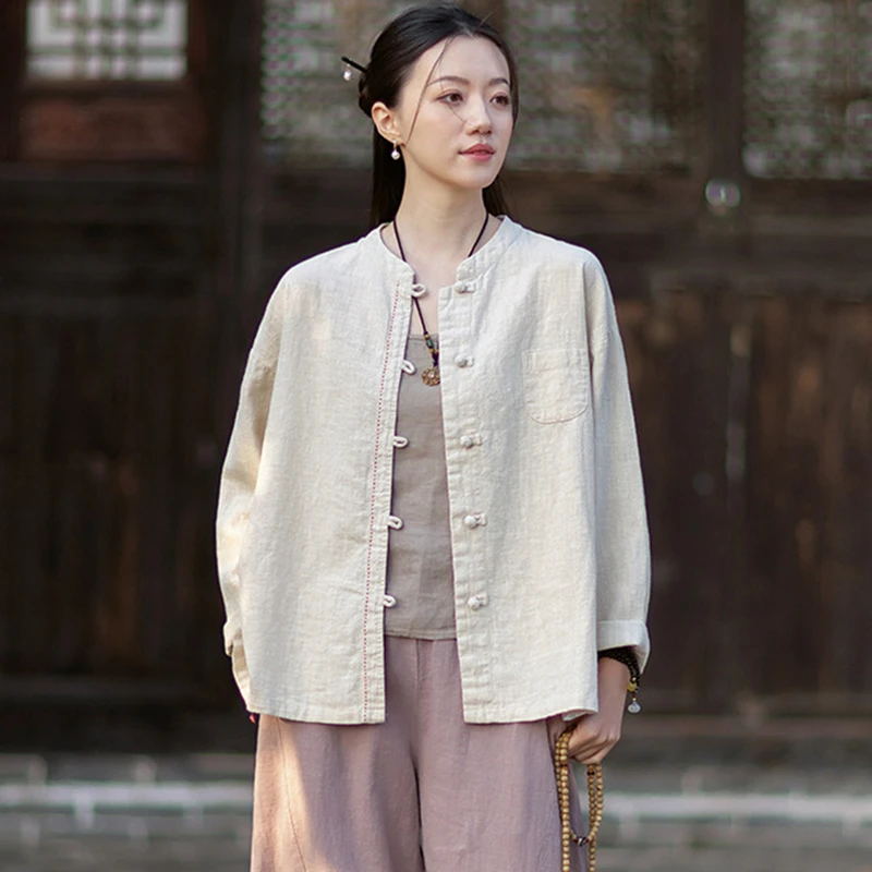 

Женские повседневные куртки в китайском стиле из хлопка и льна, новинка 2026 года, весенние винтажные куртки в стиле Тан, однотонные базовые женские жакеты M2370