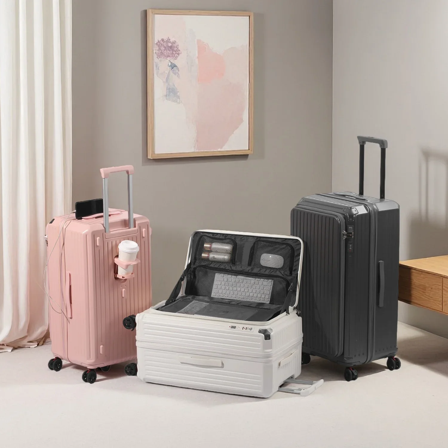 

Легкий чемодан из поликарбоната с боковым открытием, портами USB+Type-C для зарядки, замком TSA, колесами с тормозами, размеры 20/24/26/28 дюймов, для путешествий