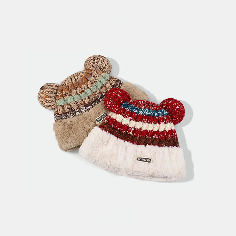 Dopamine Color Cute Bear Ears Knitted Women's Hats Autumn and Winter Korean Version Versatile Warm Plush Beanies Caps for Women