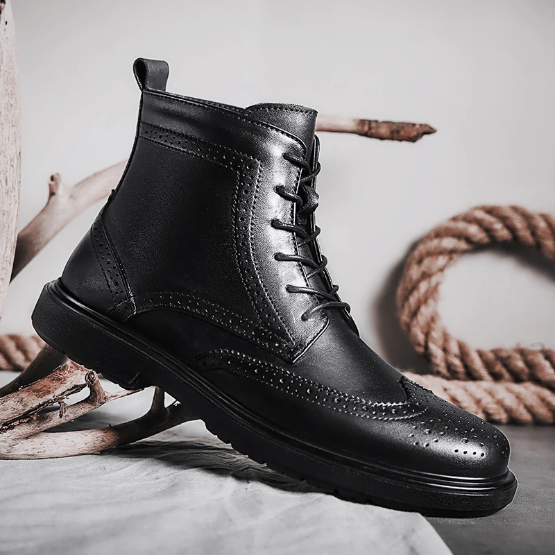 

men fashion business wedding formal dress ankle boots cow leather brogue shoes carving bullock short boot zapatos de hombre bota