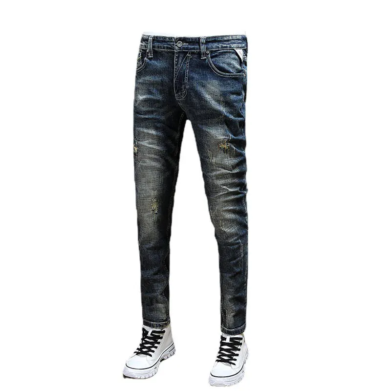 Fashion Vintage Mannen Jeans Retro Blauw Elastische Slim Fit Ripped Jeans Mannen Patched Broek Borduren Designer Casual Denim Broek