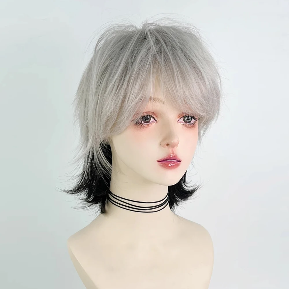 Synthetic Wolf Tail Mullet Head Men Short Ombre Grey Black Layered Wig with Bangs Lolita Cosplay Fluffy Hair Wig for Daily Party