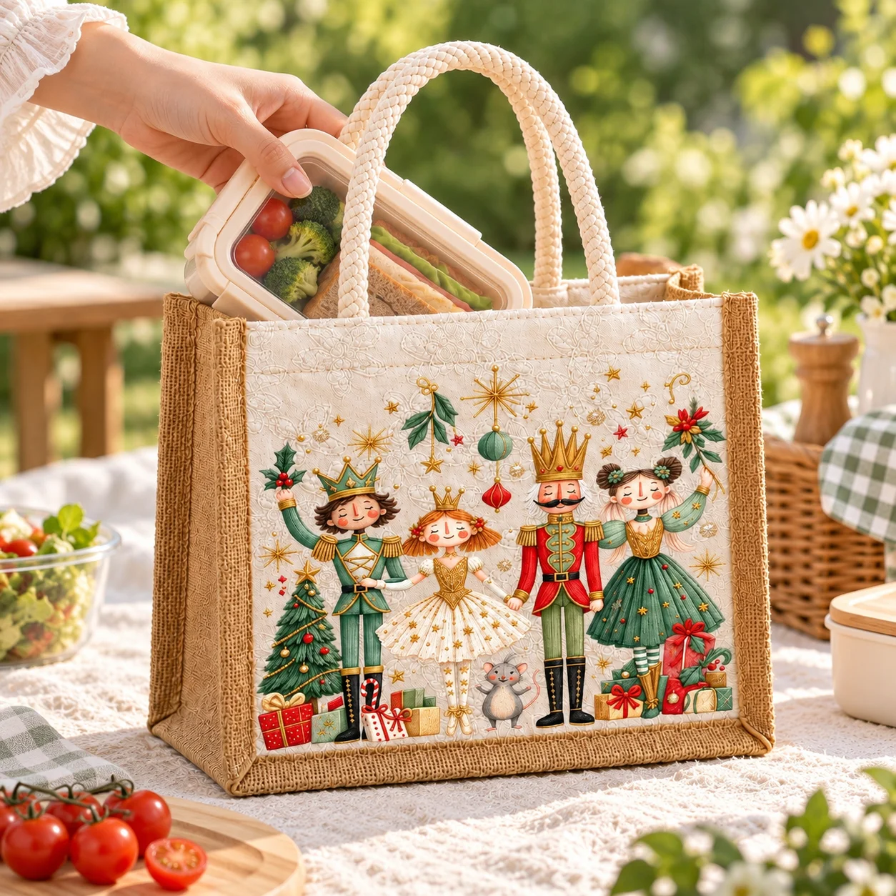 Nutcracker Print Tote Bag Braided Handle Lunch Carry Bag Reusable Shopping Organizer Lightweight Picnic Storage for Women