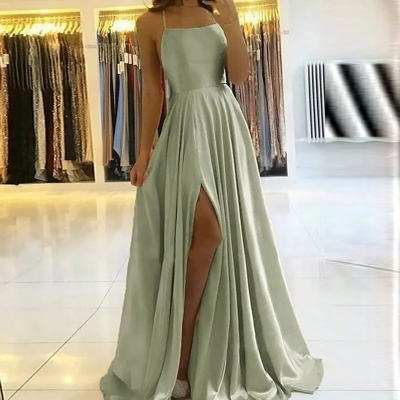 Novo estilo de cetim vestidos de baile alças espaguete dividir vestidos de noite vestidos de fiesta a linha longo vestidos formais roupões de soirée