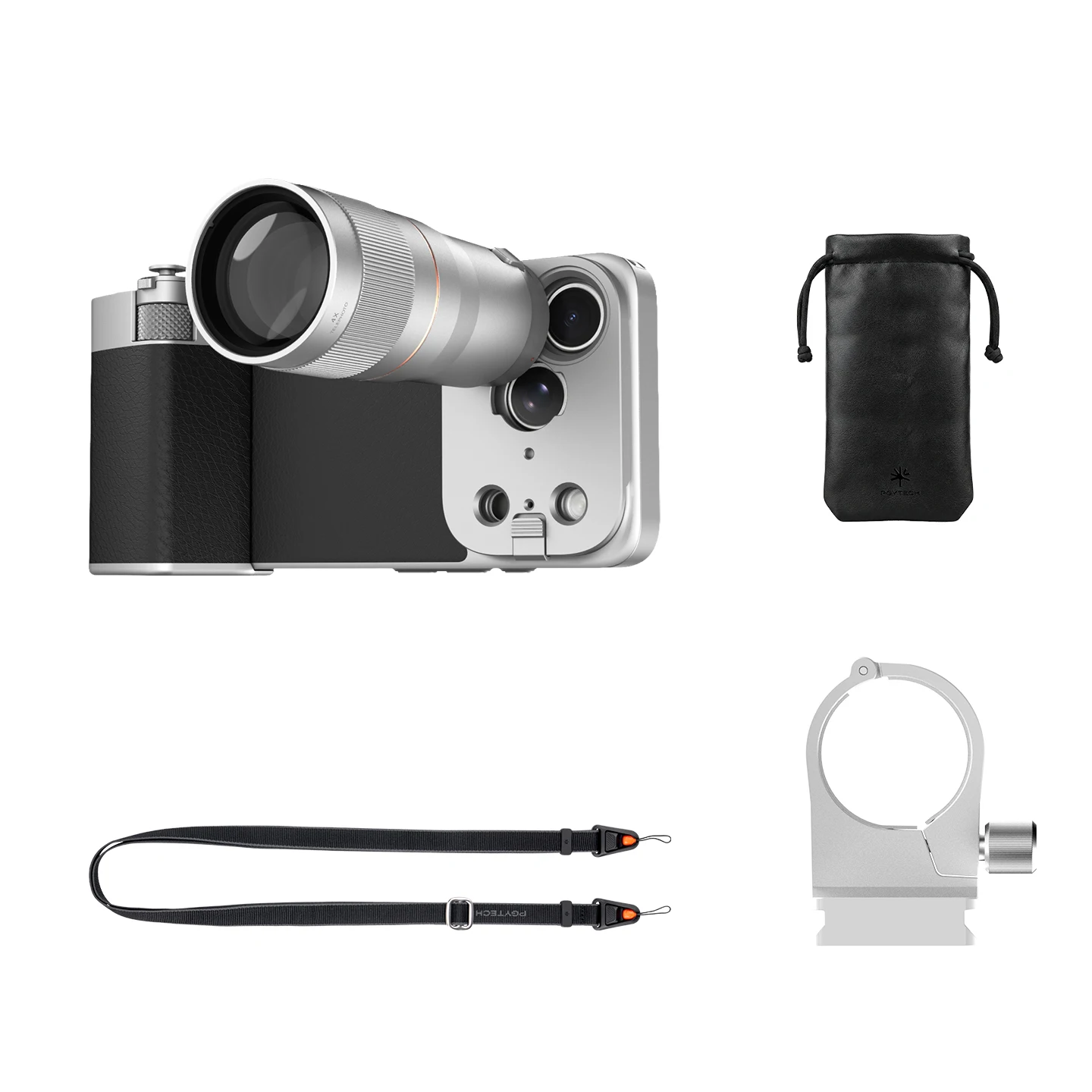 PGYTECH RetroVa 2X/4X telelens voor iPhone 17/18 Pro/Pro Max, inclusief telefoonhoesje.