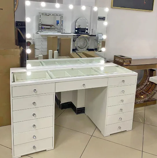 

Wholesale Glass Top Vanity Desk With LED Illuminated Mirror and Power Socket Makeup Vanity With Drawers Entryway Dressing Table