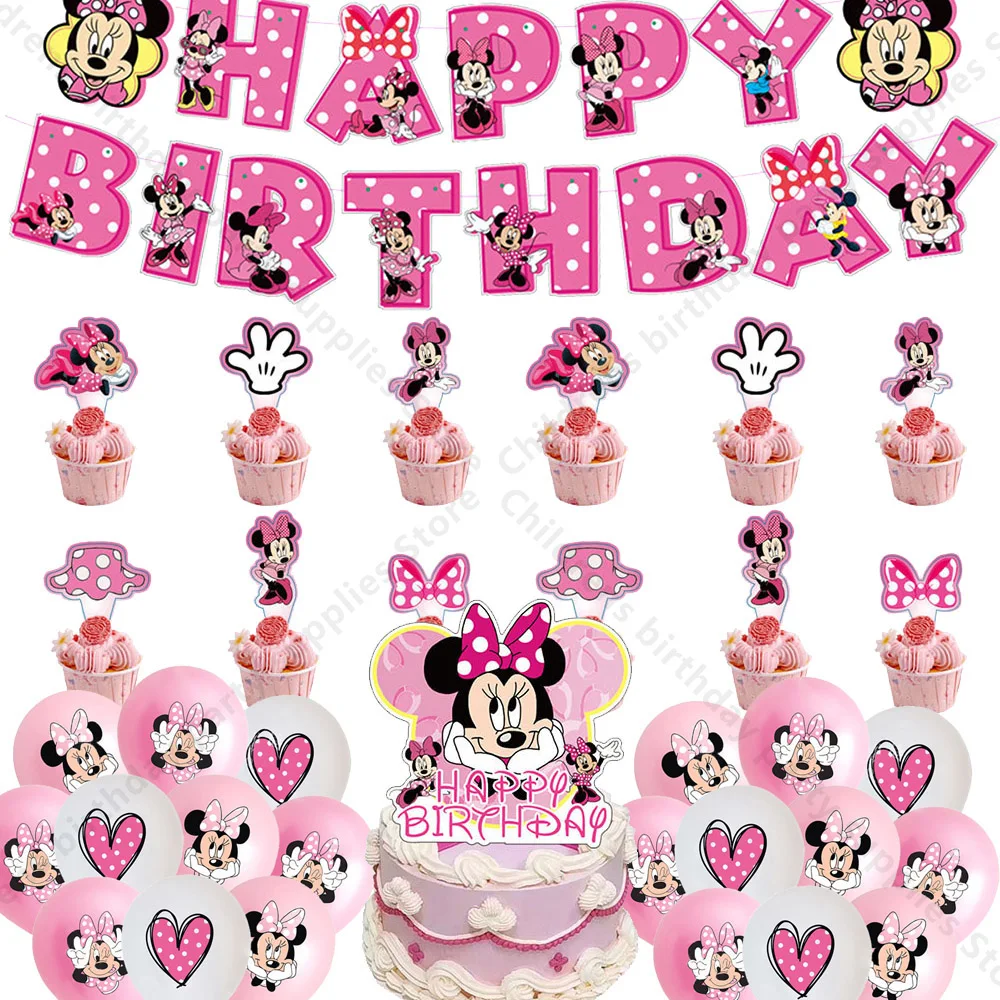 

Disney Minnie Balloon Sets Cake Topper Banner Birthday Party Supplies Latex Inflate Helium Globos Party Decoration Cartoon Theme