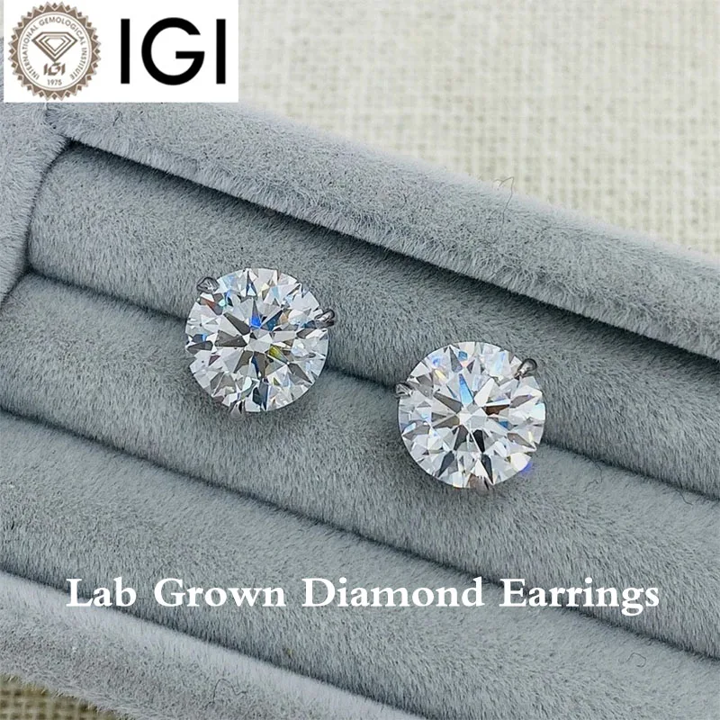 AEAW Jewelry 0.5-3Ct Each EF-VS Round Cut Lab Grown Diamond 3 Claw Stud Earrings CVD&HPHT IGI Certified 14K /10K Gold