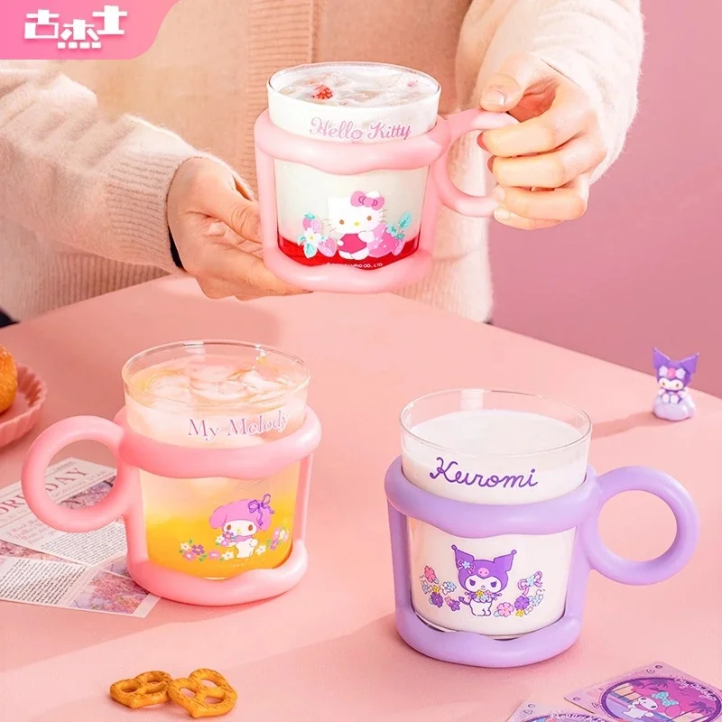

For Sanrio 400ML Glass Cups Hello Kitty Mug with Heat-resistant Handle＆Scale Home Breakfast Juice Milk Cups Kuromi Water Cups