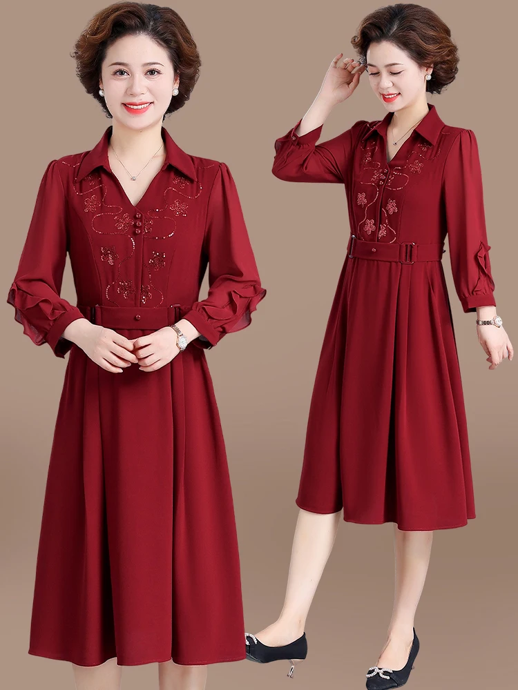 Vestido midi coreano elegante con cuello en V de fibra de poliéster para invitadas de boda, madres jóvenes y mujeres de mediana edad.