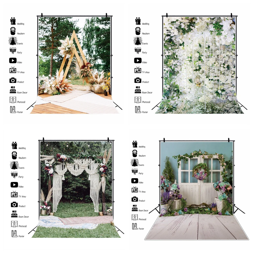 Spring Wedding Backdrops Flower Green Grass Tree Curtain Birthday Party Picnic Outdoor Scenic Photo Backgrounds For Photo Studio