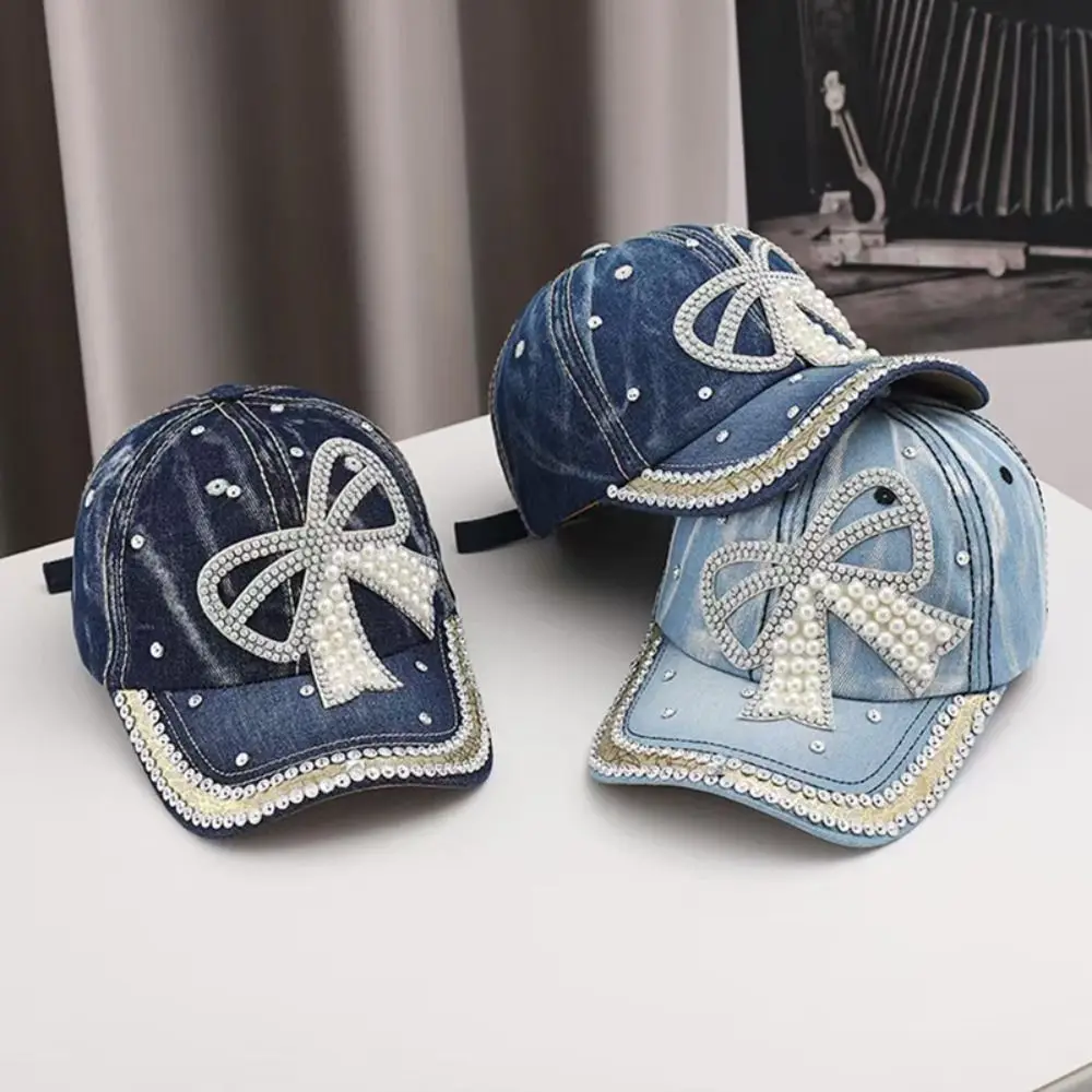 Fashion Adjustable Denim Baseball Cap with Pearl Embellished Bow Peaked Cap Breathable Versatile Sun Hat Outdoor