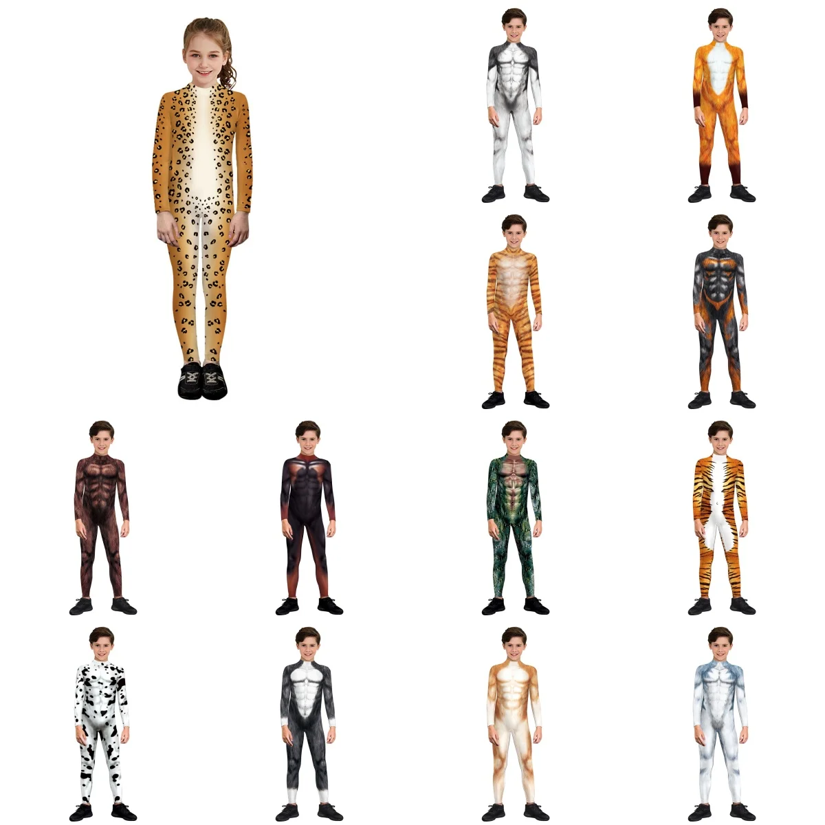 Kids Animals Tiger Snake Superhero 3D Digital Printing Tights Boys Girls Halloween Party Cosplay Dress Up Jumpsuit Costumes